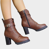 Women's Lace-Up Ankle Boots with Block Heel and Buckle – Side Zip Heeled Boots, Autumn Winter