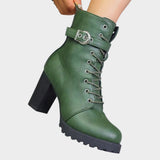 Women's Lace-Up Ankle Boots with Block Heel and Buckle – Side Zip Heeled Boots, Autumn Winter