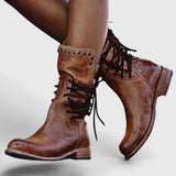 Women's Vintage Lace-Up Ankle Boots with Studs – Leather-Look Block Heel Boots, Autumn Winter