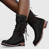 Women's Vintage Lace-Up Ankle Boots with Studs – Leather-Look Block Heel Boots, Autumn Winter