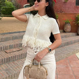Genevieve | Knitted Button-Up Top with Fringed Hem