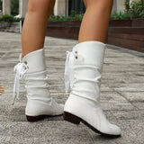 Women's Slouchy Mid-Calf Boots with Back Lace-Up Bow – Faux Leather Low Block Heel Boots