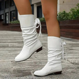 Women's Slouchy Mid-Calf Boots with Back Lace-Up Bow – Faux Leather Low Block Heel Boots