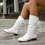 Women's Slouchy Mid-Calf Boots with Back Lace-Up Bow – Faux Leather Low Block Heel Boots