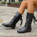 Women's Slouchy Mid-Calf Boots with Back Lace-Up Bow – Faux Leather Low Block Heel Boots