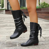 Women's Slouchy Mid-Calf Boots with Back Lace-Up Bow – Faux Leather Low Block Heel Boots