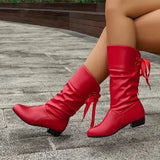 Women's Slouchy Mid-Calf Boots with Back Lace-Up Bow – Faux Leather Low Block Heel Boots