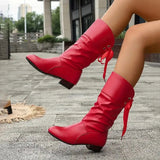 Women's Slouchy Mid-Calf Boots with Back Lace-Up Bow – Faux Leather Low Block Heel Boots
