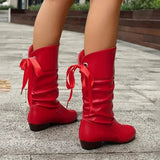 Women's Slouchy Mid-Calf Boots with Back Lace-Up Bow – Faux Leather Low Block Heel Boots