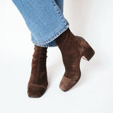 Women's Dark Brown Suede Ankle Boots with Square Toe and Block Heel – Autumn Winter Boots