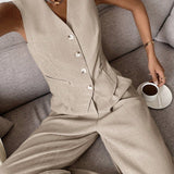 Clarissa | Sleeveless V-Neck Two-Piece Set with Wide-Leg Trousers