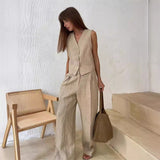 Clarissa | Sleeveless V-Neck Two-Piece Set with Wide-Leg Trousers