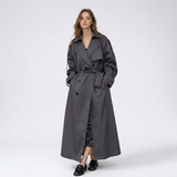 Women's Long Double-Breasted Trench Coat with Belt – Wide Lapel Autumn Winter Mac