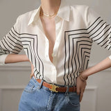 Lyliana | Striped Lapel Blouse with Elegant Finish