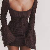 Rosalie | Elegant Brown Floral Lace Mini Dress with Drawstring Bust