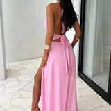 Mirelisse | Halter Neck Maxi Dress with Deep V-Neck & High Slit