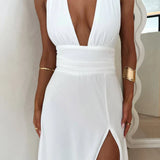 Mirelisse | Halter Neck Maxi Dress with Deep V-Neck & High Slit