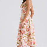 Margot | Pink Floral Lace-Up Side Split Midi Dress