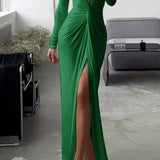 Ffion | Pleated V-Neck Dress with Elegant Regular Fit