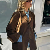 Women's Brown Oversized Faux Suede Jacket – Classic Collar Autumn Winter Jacket