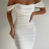 Oscar | White Off-the-Shoulder Midi Dress with Ruffled Elegance
