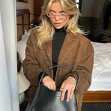 Women's Brown Oversized Faux Suede Jacket – Classic Collar Autumn Winter Jacket