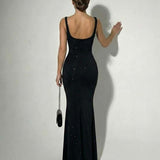 Isolde | Black Square Neck Slim Fit Maxi Dress