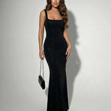 Isolde | Black Square Neck Slim Fit Maxi Dress