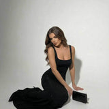 Isolde | Black Square Neck Slim Fit Maxi Dress