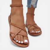Phoebe | Women's Flat Leather Sandals with Strappy Ankle Buckle