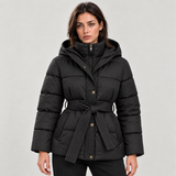 Women's Belted Puffer Jacket with Hood – Quilted Winter Coat