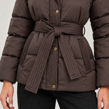 Women's Belted Puffer Jacket with Hood – Quilted Winter Coat