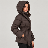 Women's Belted Puffer Jacket with Hood – Quilted Winter Coat