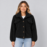 Women's Ribbed Teddy Jacket with Collar – Borg Button-Front Winter Jacket
