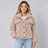 Women's Ribbed Teddy Jacket with Collar – Borg Button-Front Winter Jacket
