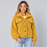 Women's Ribbed Teddy Jacket with Collar – Borg Button-Front Winter Jacket