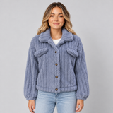 Women's Ribbed Teddy Jacket with Collar – Borg Button-Front Winter Jacket