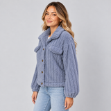 Women's Ribbed Teddy Jacket with Collar – Borg Button-Front Winter Jacket