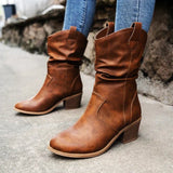 Women's Slouchy Mid-Calf Boots with Buckle – Ruched Block Heel Boots, Autumn Winter