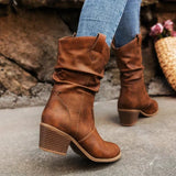 Women's Slouchy Mid-Calf Boots with Buckle – Ruched Block Heel Boots, Autumn Winter