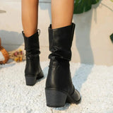 Women's Slouchy Mid-Calf Boots with Buckle – Ruched Block Heel Boots, Autumn Winter