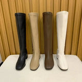 Women's Knee-High Block Heel Boots – Elegant Pull-On Boots with Almond Toe, Autumn Winter