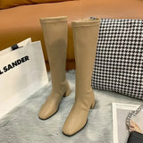 Women's Knee-High Block Heel Boots – Elegant Pull-On Boots with Almond Toe, Autumn Winter