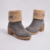 Women's Winter Fleece-Lined Ankle Boots with Fold-Over Cuff – Block Heel Suede-Effect Boots