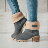 Women's Winter Fleece-Lined Ankle Boots with Fold-Over Cuff – Block Heel Suede-Effect Boots