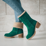 Women's Winter Fleece-Lined Ankle Boots with Fold-Over Cuff – Block Heel Suede-Effect Boots
