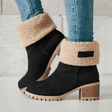 Women's Winter Fleece-Lined Ankle Boots with Fold-Over Cuff – Block Heel Suede-Effect Boots