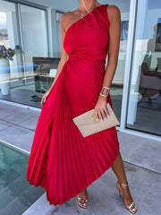 Women's One-Shoulder Pleated Maxi Dress – Flowing Evening & Wedding Guest Dress