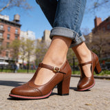 Juliette | Women's T-Strap Brogue Block Heel Shoes