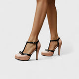 Hannah | Women's T-Strap Heeled Pumps with Elegant Bow Detail